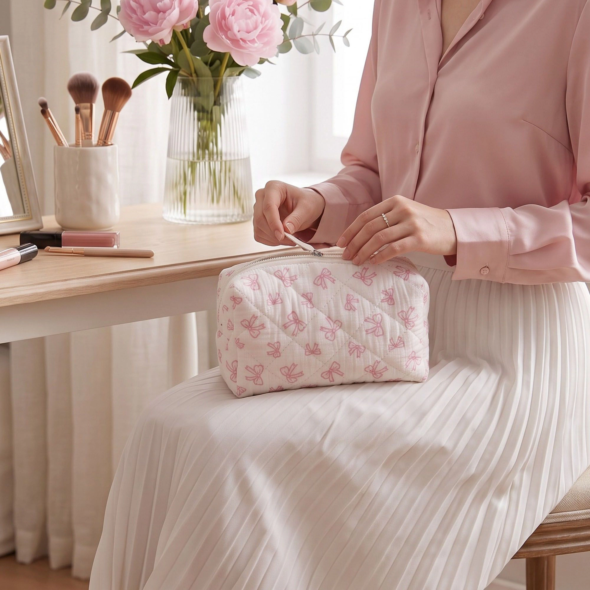 Alilang Women Quilted Bow Print Makeup Bag Cosmetic Organizer Pouch