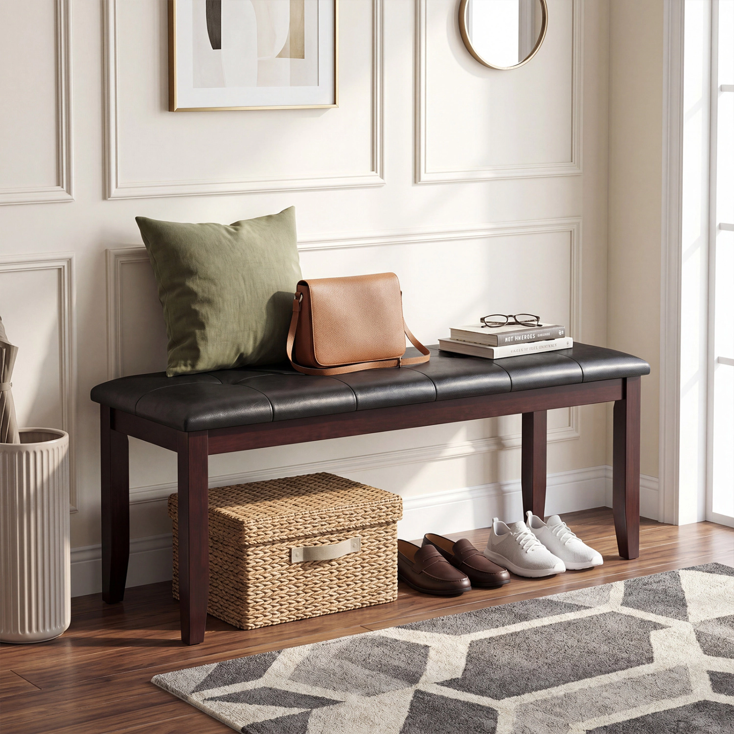 LJG Upholstered Dining Room PU Bench Solid Wood Button Tufted