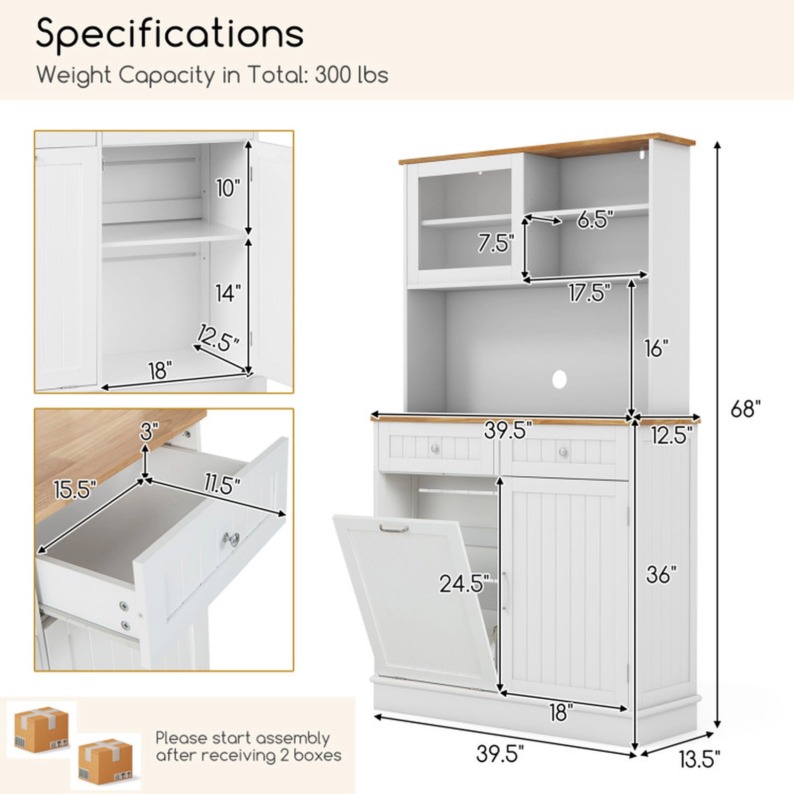 SUGIFT 39.5-in 300-lb Capacity Double Tilt Out Trash Can Cabinet with Hutch Rubber Wood Countertop and 2 Drawers
