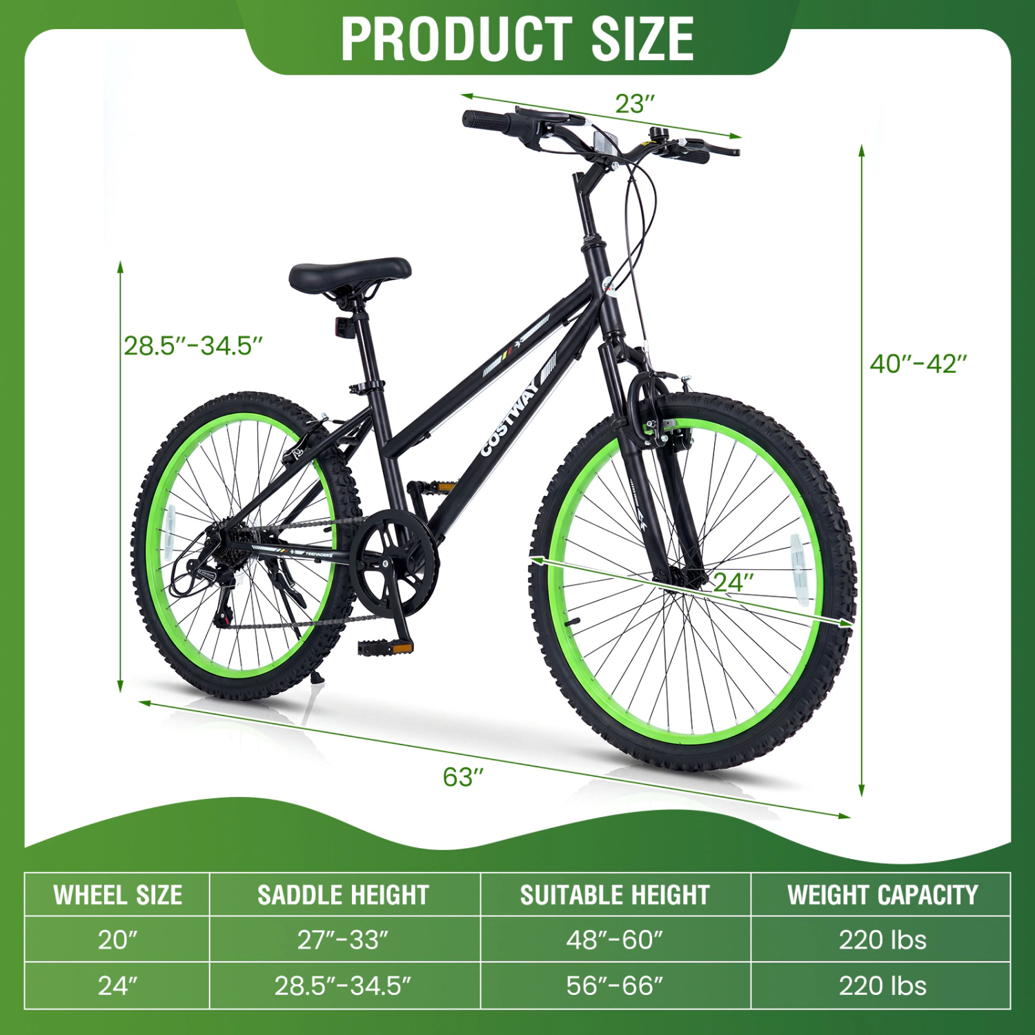 LJG 24 Inch Kids Mountain Bike Adjustable with 7 Speed and Suspension Fork