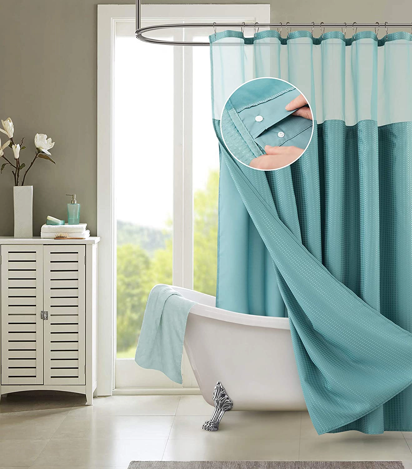 Dainty Home Complete Waffle Weave Fabric Shower Curtain With Snap On Waterproof Detachable Liner Set 70" x 72"