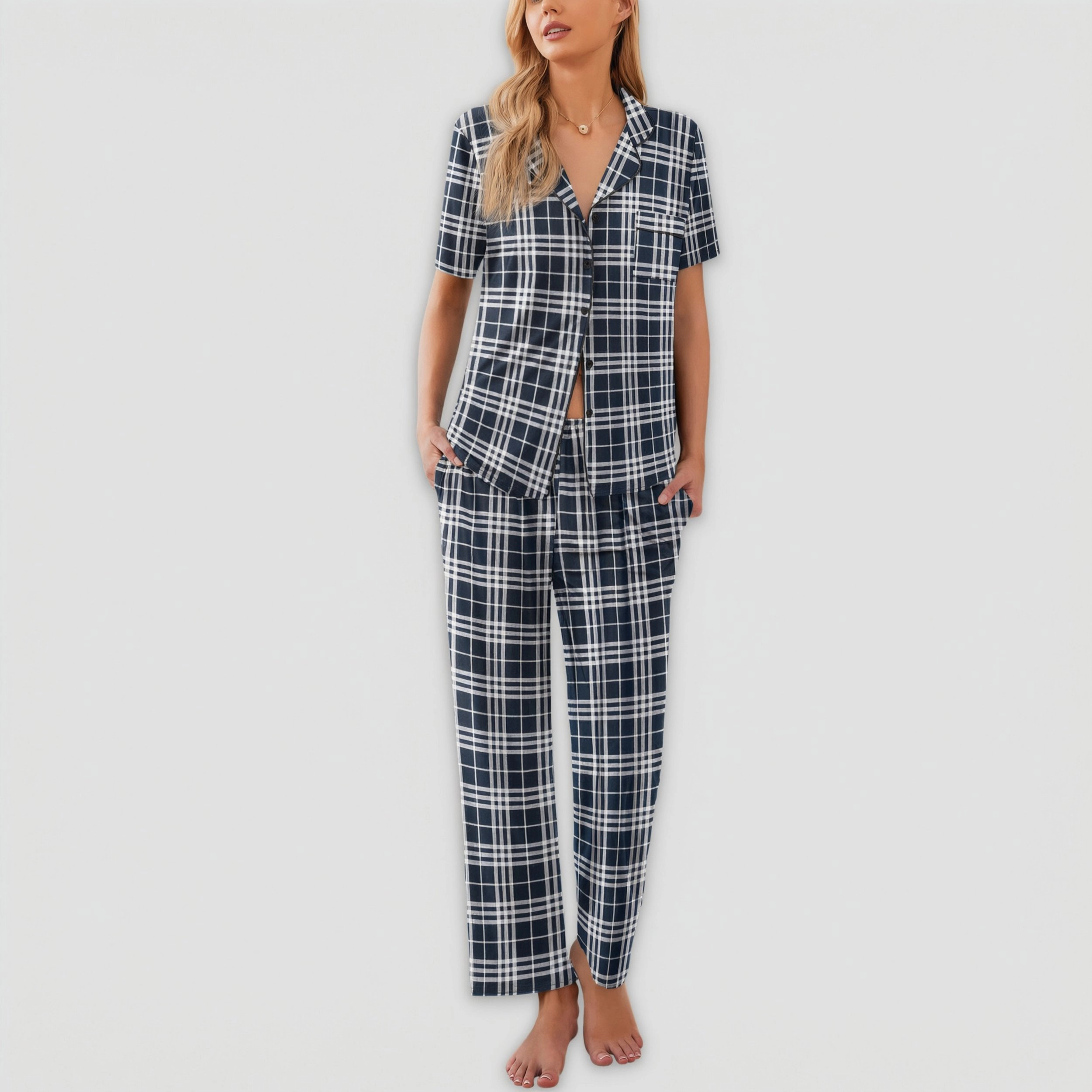 Ekouaer Womens Pajamas Set Print PJs Button Down Sleepwear Short Sleeve Nightwear with Long Pants