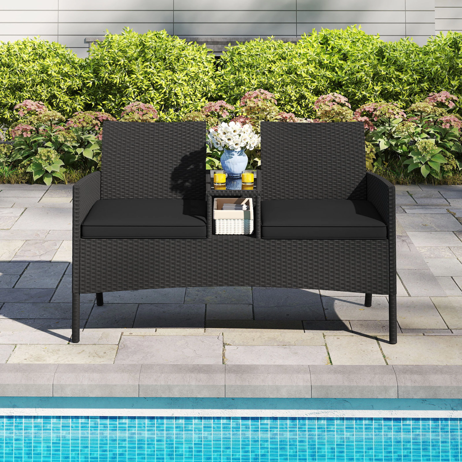 LJG Patio Loveseat with Built-in Table for Backyard Porch