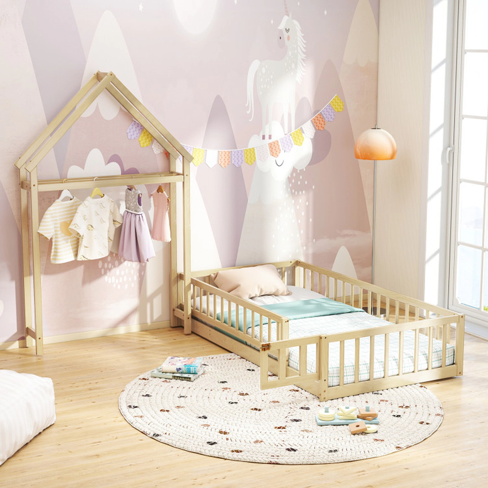 SUGIFT Kids Twin Size House-Shaped Headboard Fence Rails Floor Bed 78-in x 48.5-in x 74-in Fits 6-in Mattress Natural