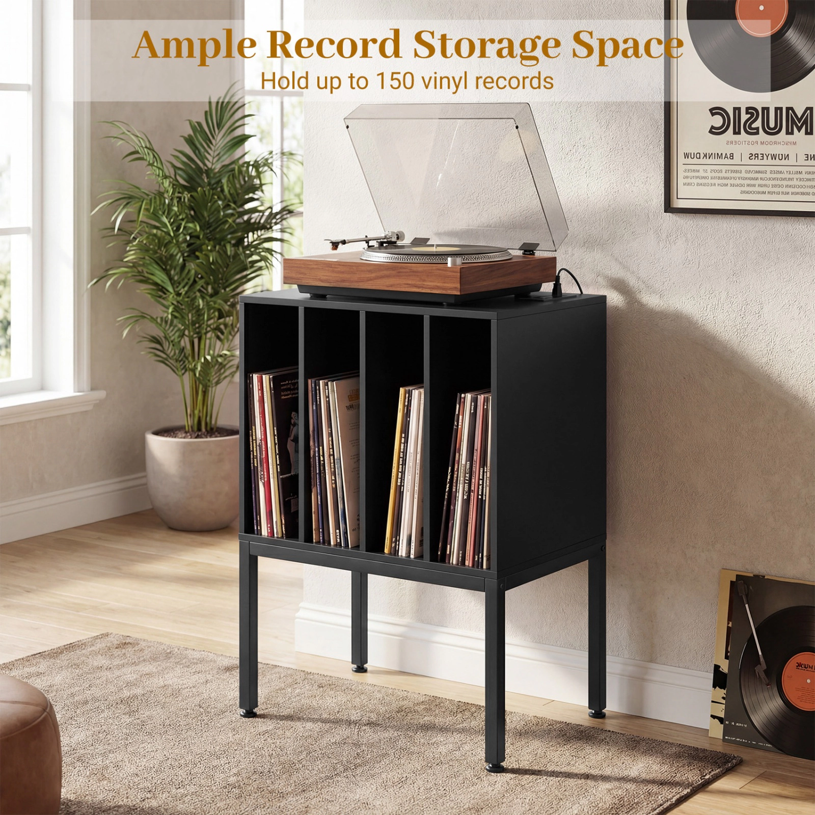 SUGIFT Turntable Record Player Stand Black with Power Outlets and 4-Partition Storage
