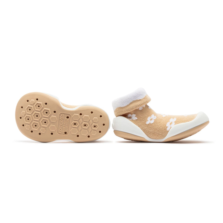 Komuello Toddler Girl First Walk Sock Shoes Daisies - Latte