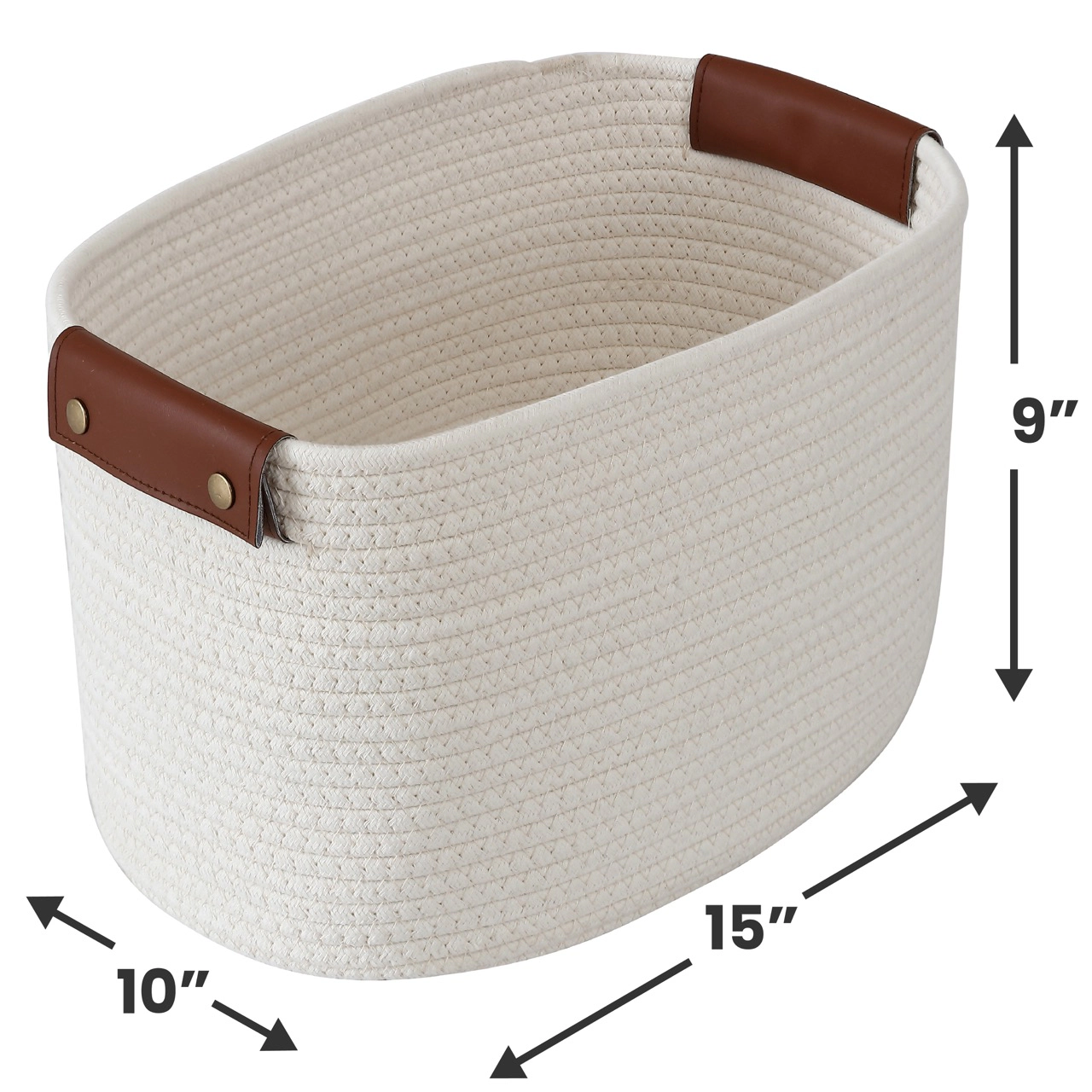 Ornavo Home 3 Pack Cotton Rope Shelf Basket with Faux Leather Handles - 15" x 10" 9"