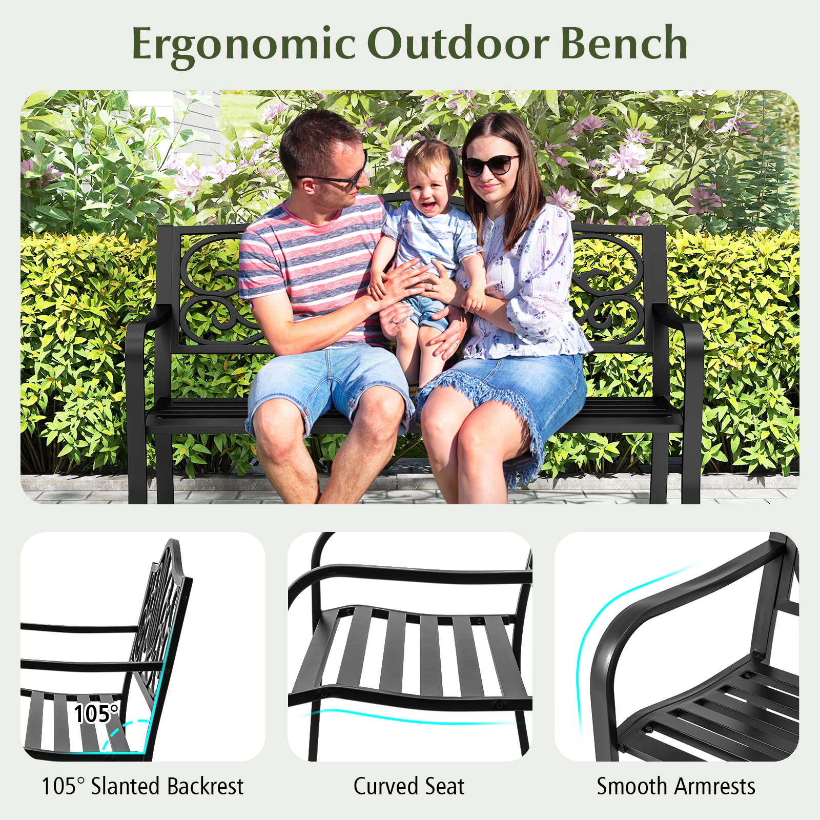 SUGIFT 50 in Outdoor Garden Bench Black Cast Iron Backrest with Floral Design and Slatted Seat