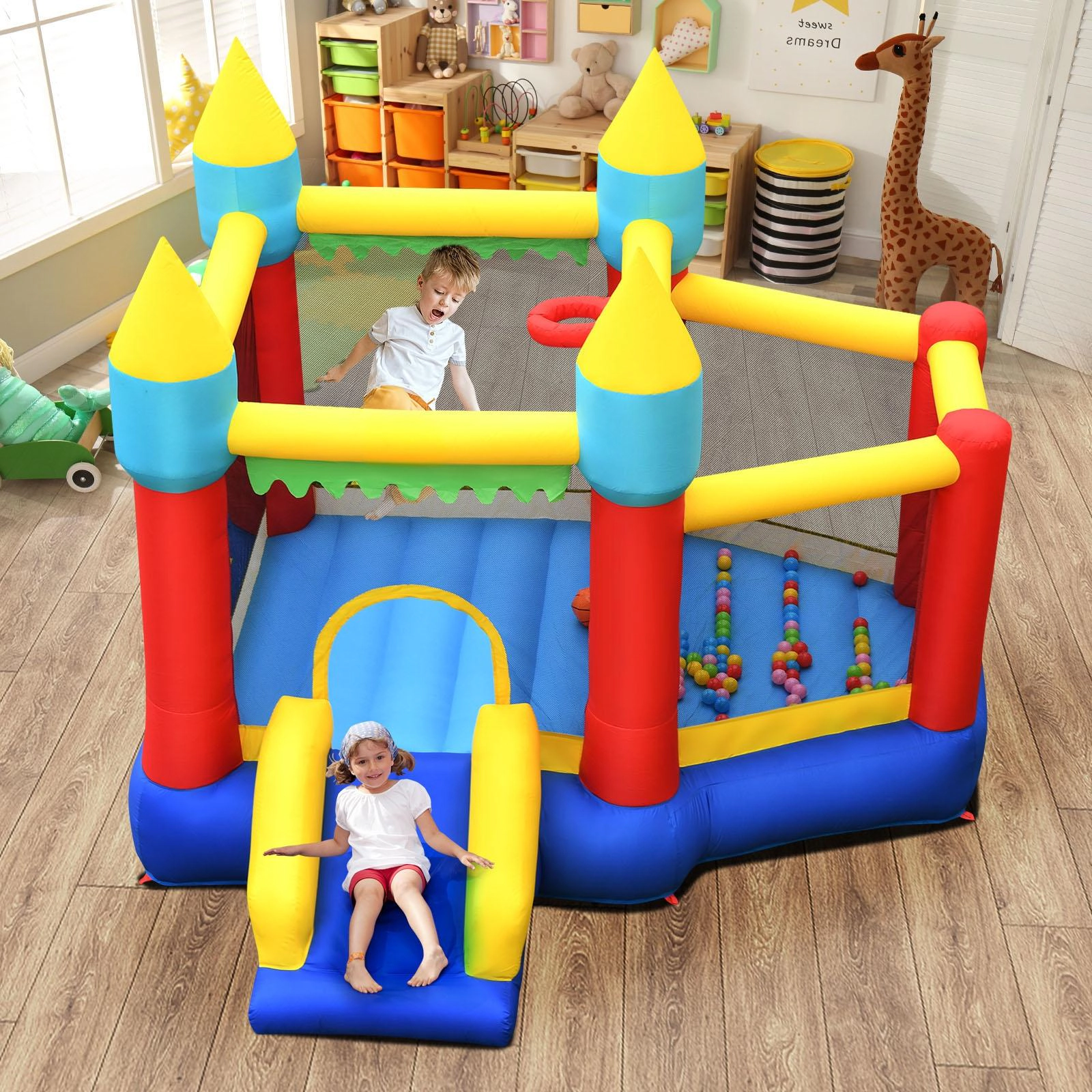 SUGIFT Dual Jumping Area Inflatable Bounce Slide Jumping Castle 300-lb Capacity Ages 3-10 Blue Red Yellow Green