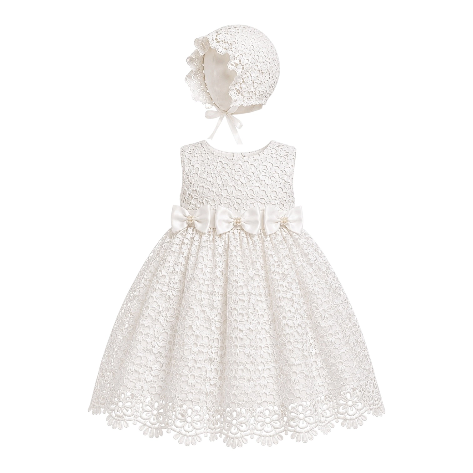 Laurenza's Baby Girls Lace Sleeveless Christening Gown with Bonnet