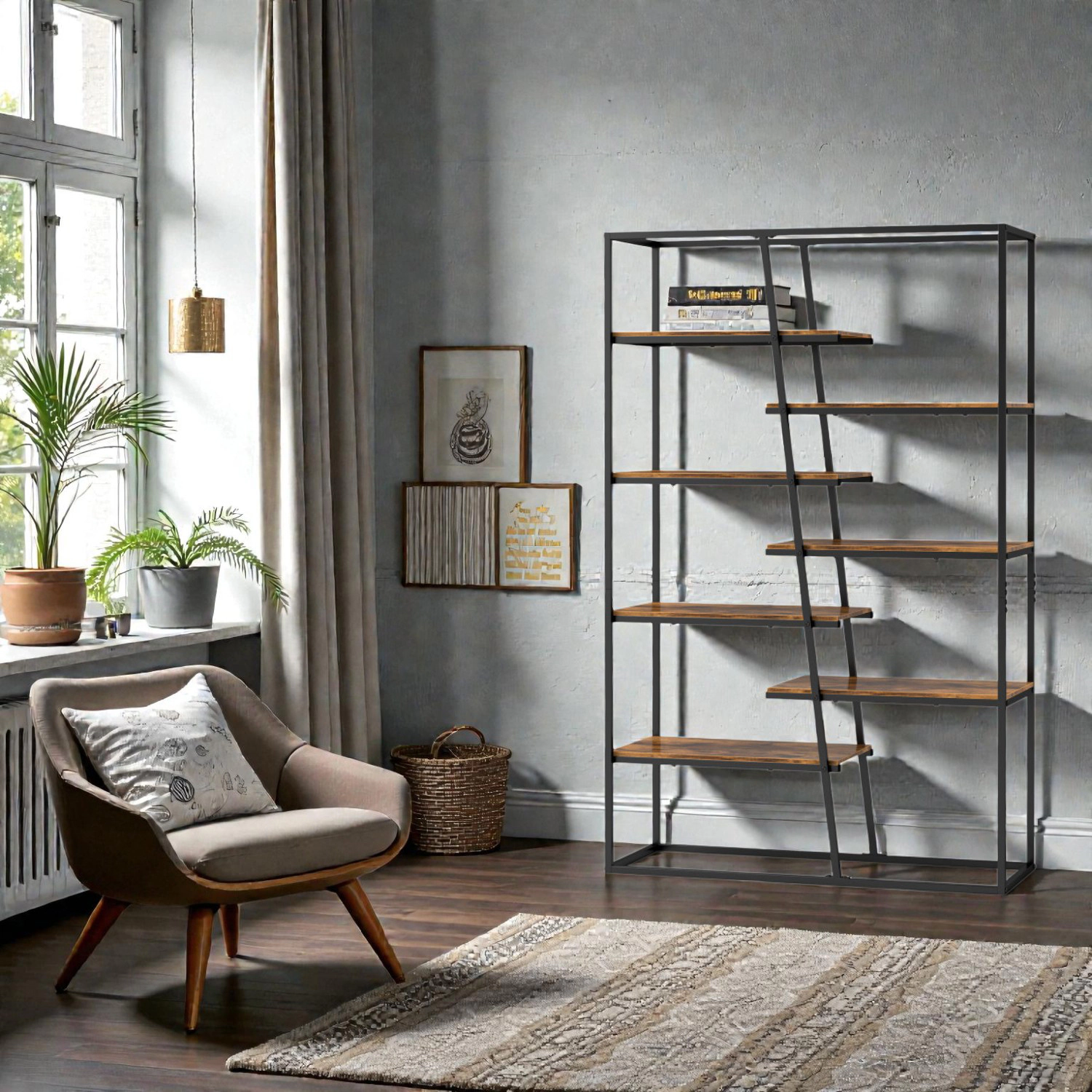 Hivvago Industrial Open Shelf Bookcase with 7-Tier Metal Storage Frame