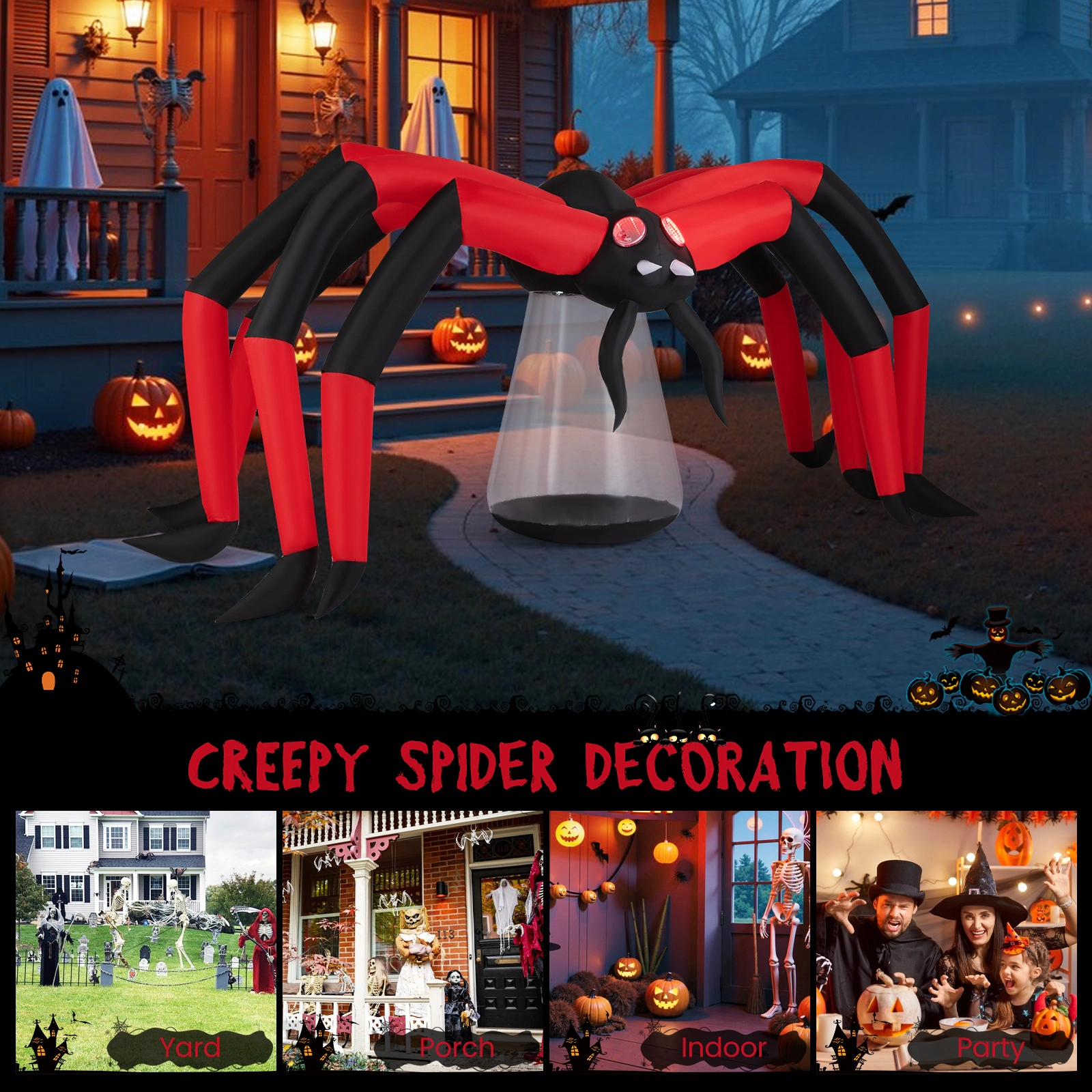 SUGIFT 10-Ft Black and Red Inflatable Halloween Spider with Red LED Tunnel Eyes