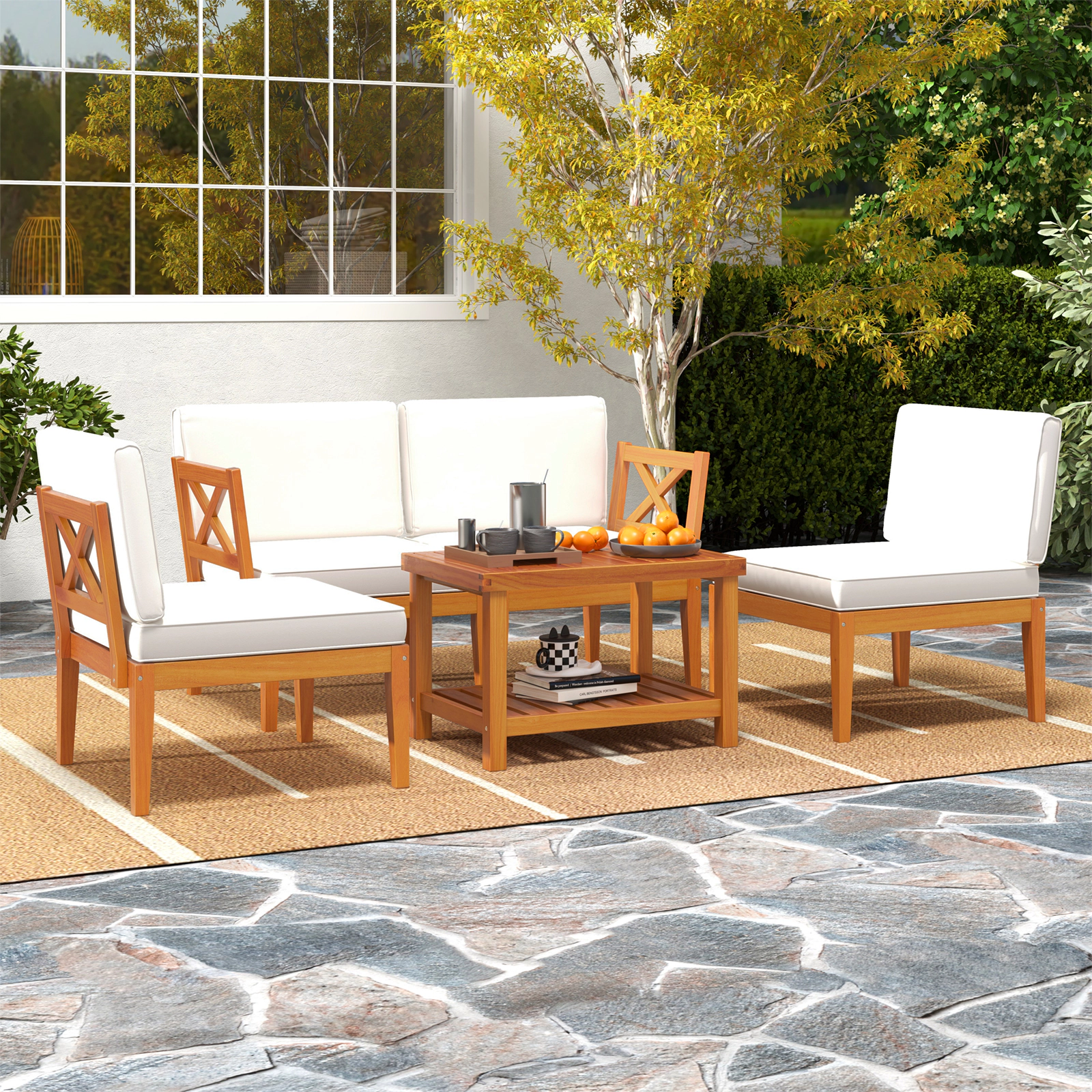 SUGIFT Coffee Table 5-Piece Off White Acacia Wood Patio Sectional Conversation Set