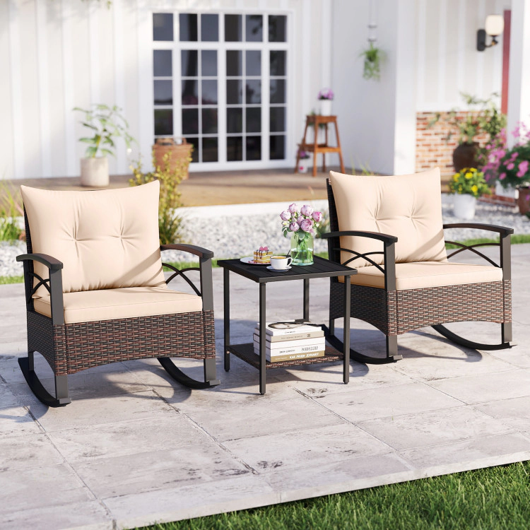 Hivvago 3 Piece Rocking Bistro Set Pe Rattan Rocker Chairs With Acacia Wood Top Table