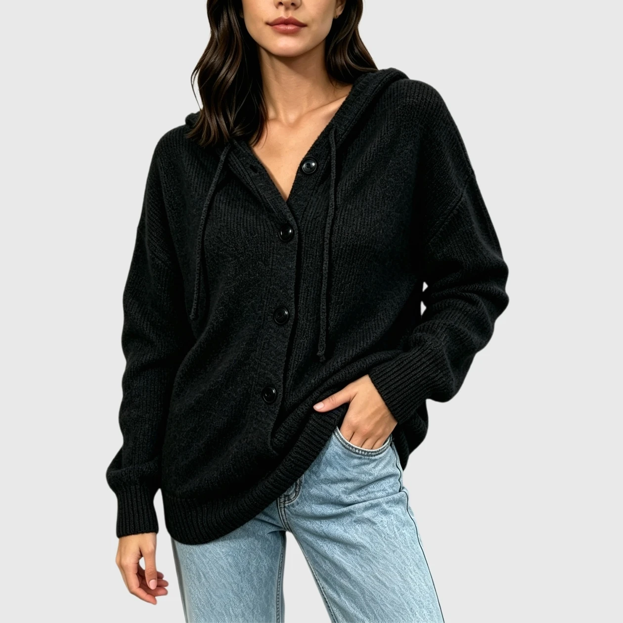 YesFashion Women's Hooded Cardigan Sweaters Casual V Neck Button Down Long Sleeve Kint Coat Outfits