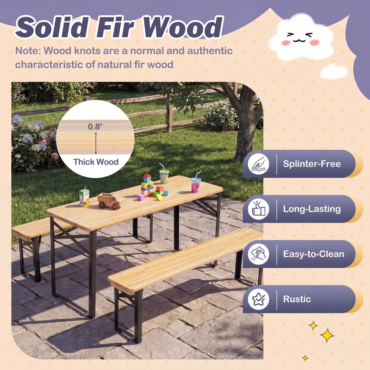 Hivvago 43.5 Inch Folding Kids Picnic Table & Bench Set No Assembly Wooden Toddler