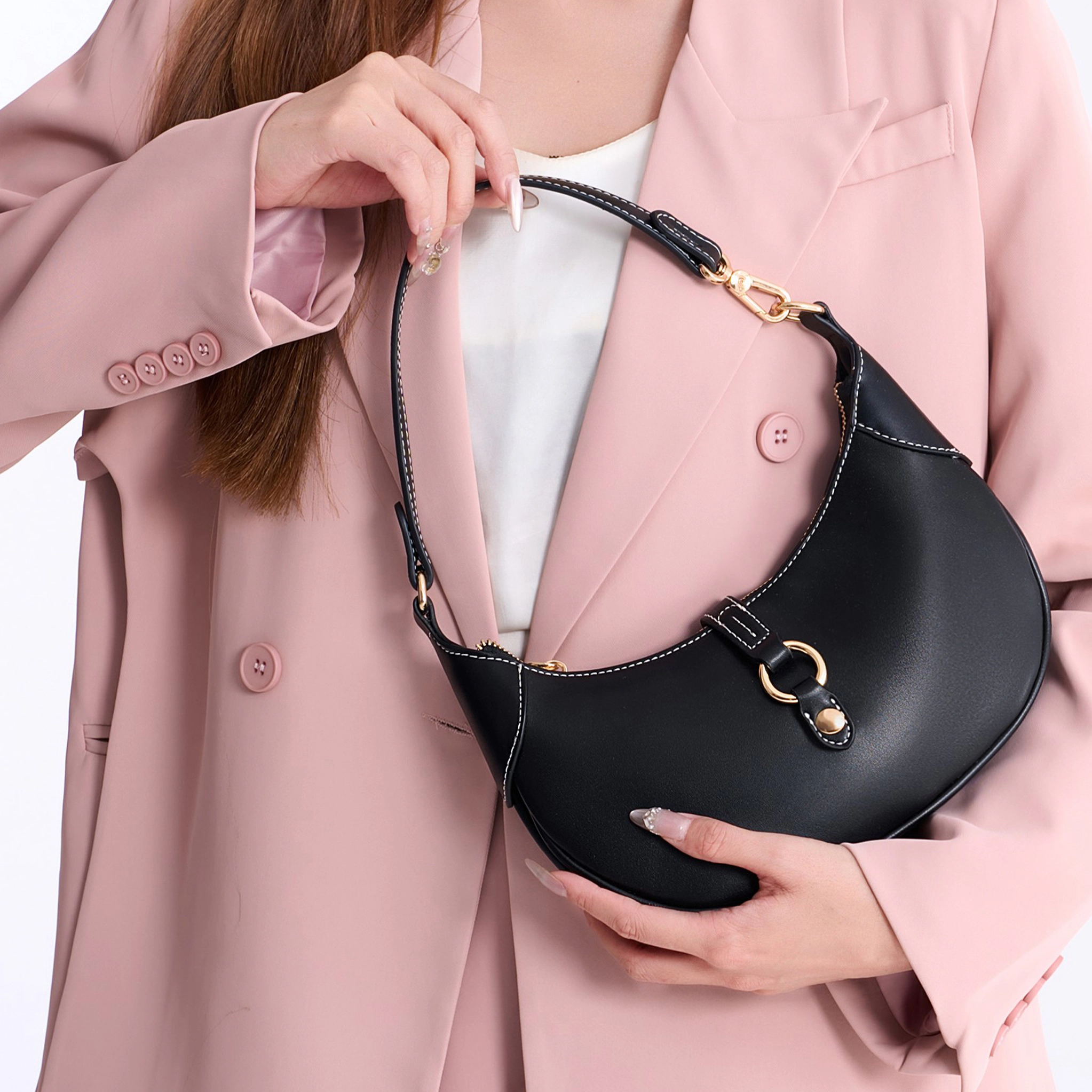 MKF Collection Neza Solid Crescent Crossbody Bag - Vegan Leather, Gold-Tone Hardware