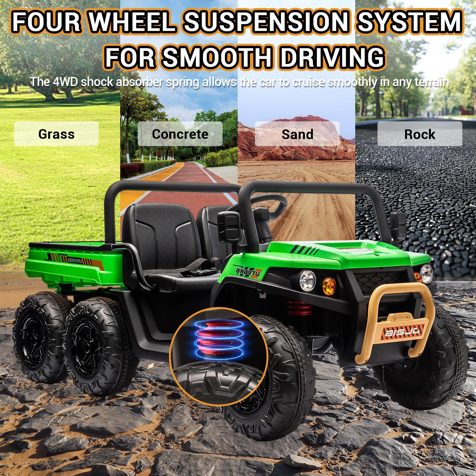 Enjyam 24V 6-Wheel Ride-on Dump Truck, 2-Seater 4WD Electric UTV with Remote, Bed & Shovel, Music, LED
