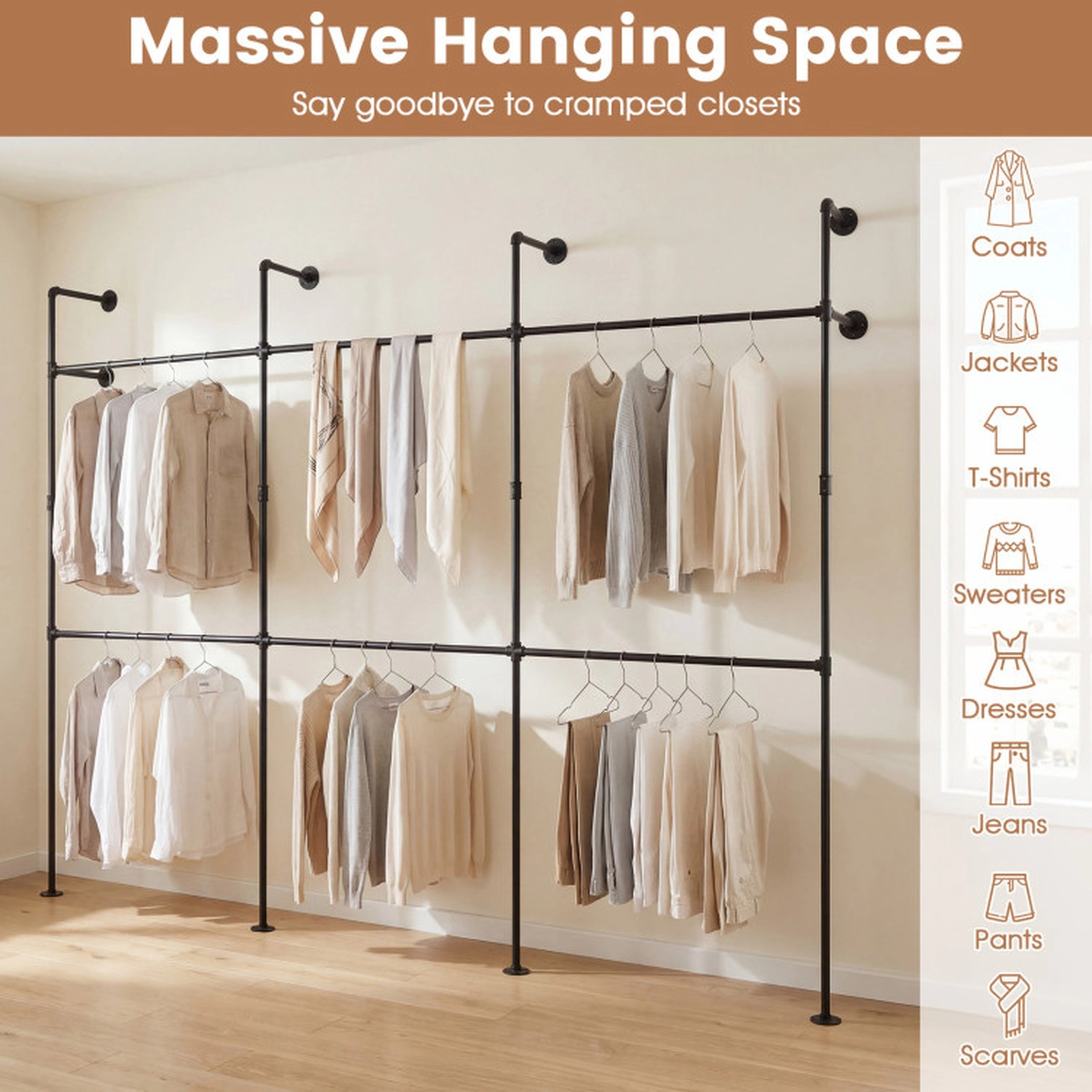 SUGIFT 6 Hanging Rods Double-Tier Wall Mounted Pipe Clothing Rack 118-in x 12.5-in x 89.5-in 45-lb per Rod Black