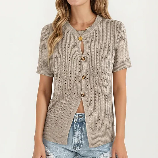 Anna-Kaci Women's Short Sleeve Open Knit Button Front Sweater Top with Crew Neck and Relaxed Fit
