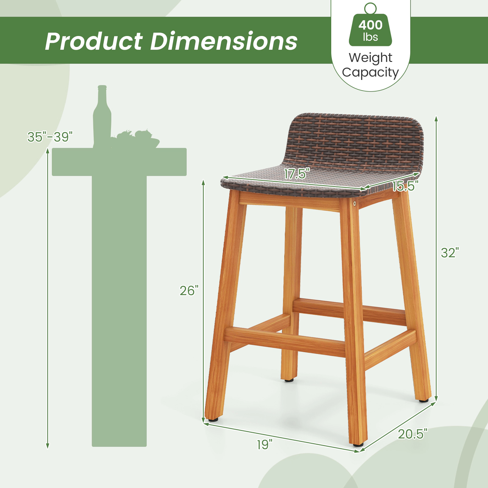 SUGIFT Porch Bar Stools with Backrests and Footrests 400-lb Capacity 26-in Seat Height Natural Brown