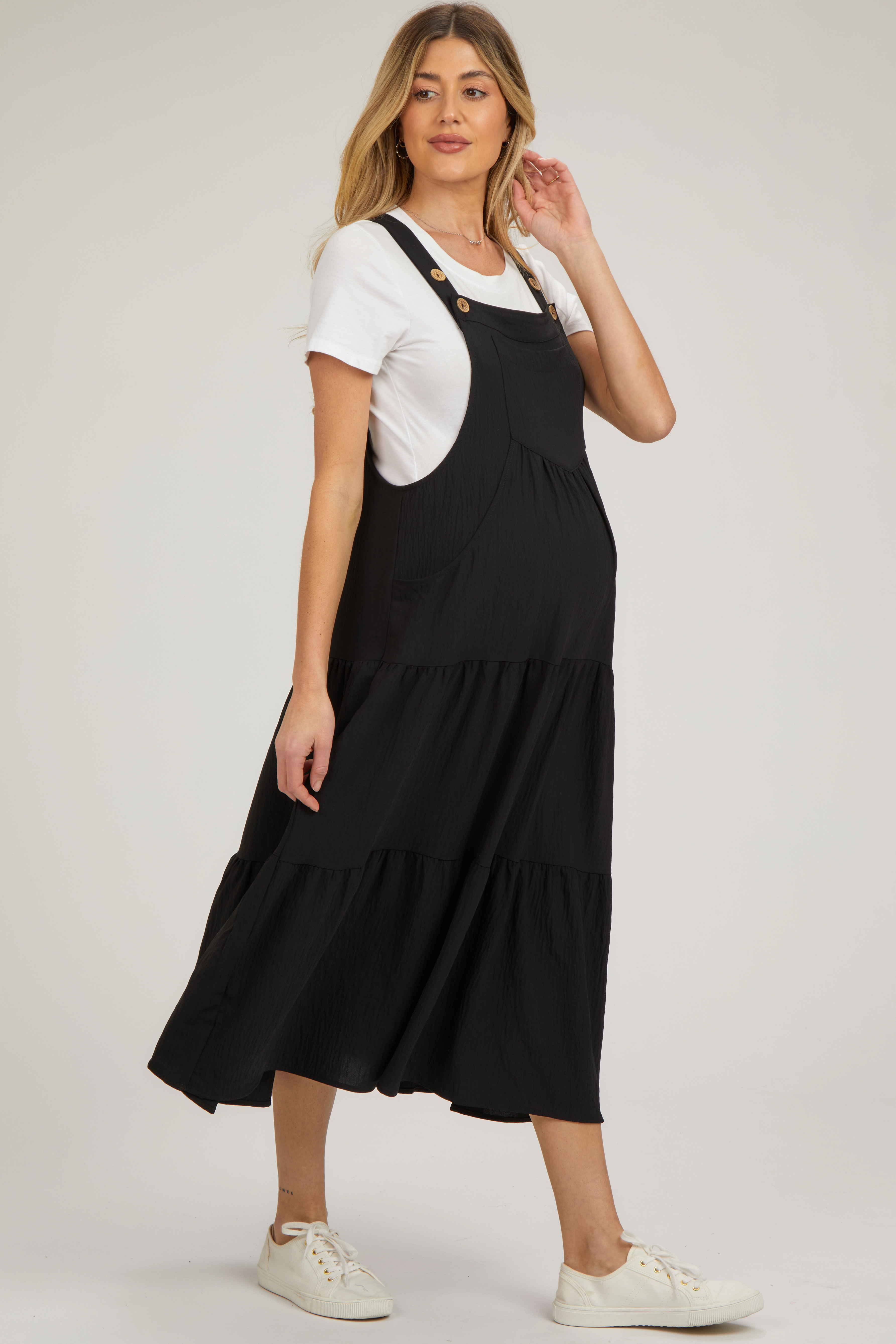 PinkBlush Womens Black Button Sling Tiered Maternity Midi Dress