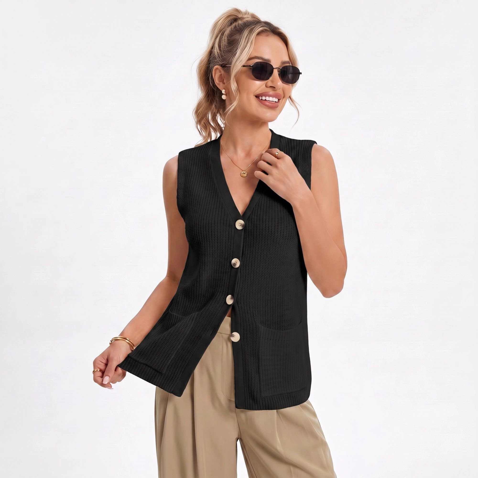 Anna-Kaci Women's Button Front Sweater Vest V Neck Sleeveless Knit Pocket Top