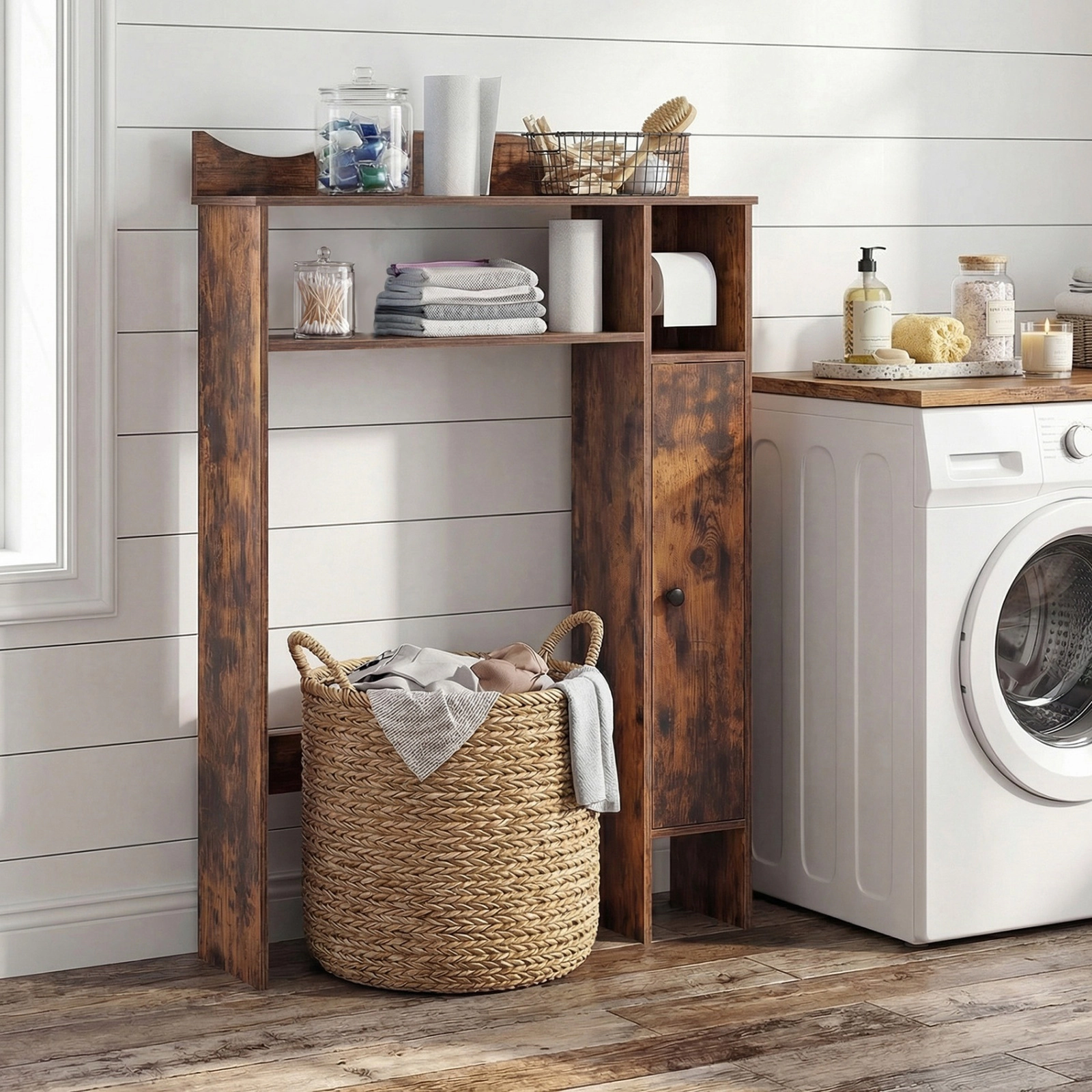 SUGIFT Over the Toilet Storage Cabinet Rustic Brown with Toilet Paper Holder