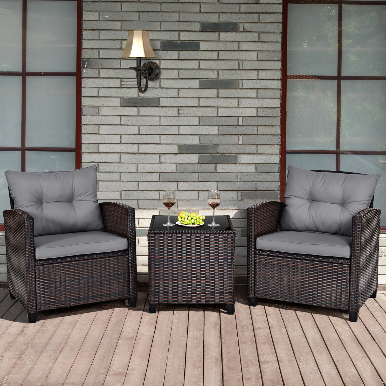 SUGIFT 3-Piece Gray Rattan Patio Conversation Set with 2 Cushioned Chairs and Glass-Top Cube Table