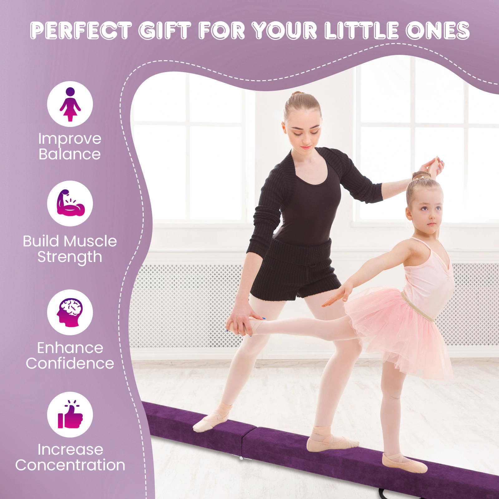 SUGIFT Kids Purple 8-ft Folding Balance Beam with Solid Pine Base and Anti-Slip Bottom 160-lb User Capacity
