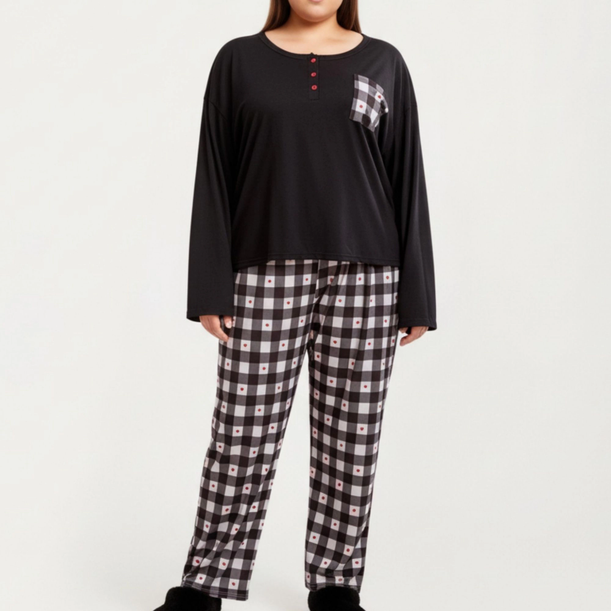 Anna-Kaci Women's 2-Piece Long Sleeve Henley Top and Plaid Pajama Pants with Soft Stretch Fabric Chest Pocket Detail