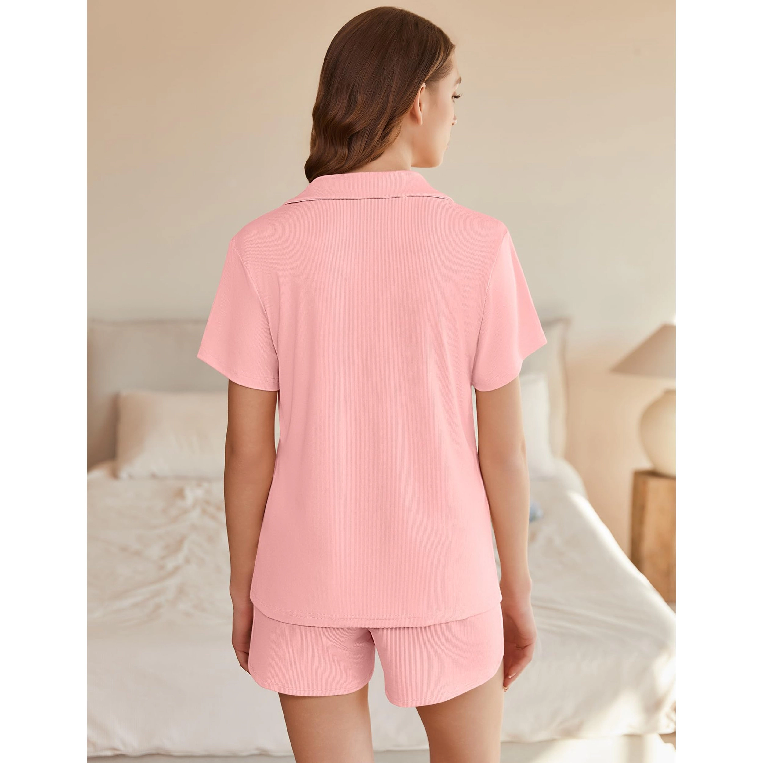 Ekouaer Womens Ribbed Knit Pajama Set Short Sleeve Soft Comfy Pj Two Piece Lounge Sleepwear
