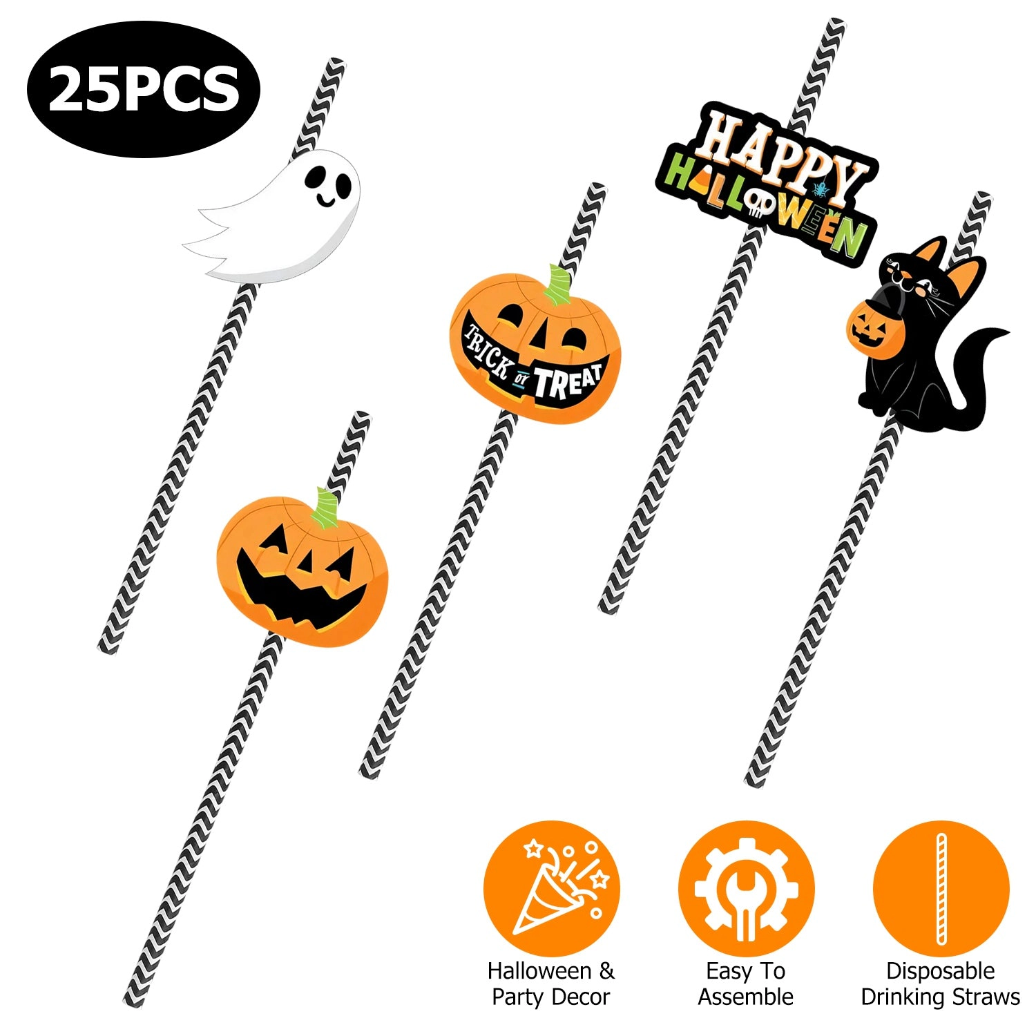 GBruno 24-Piece Halloween Paper Straws With Decor Cards