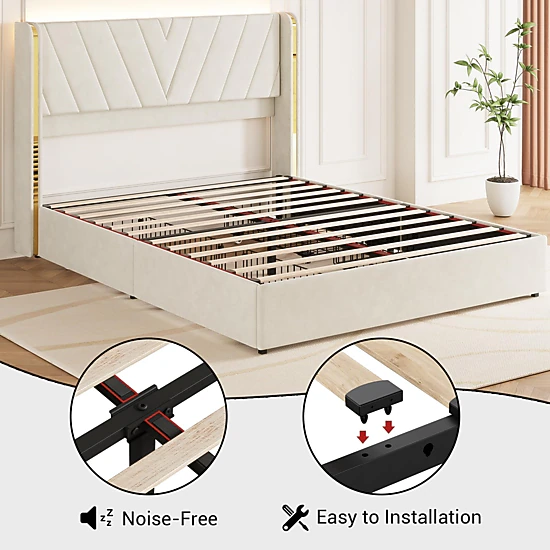 BebreezChic Full Velvet Upholstered Bed Frame with LED Lights, 4 Drawers, Wingback Headboard and Charging Station