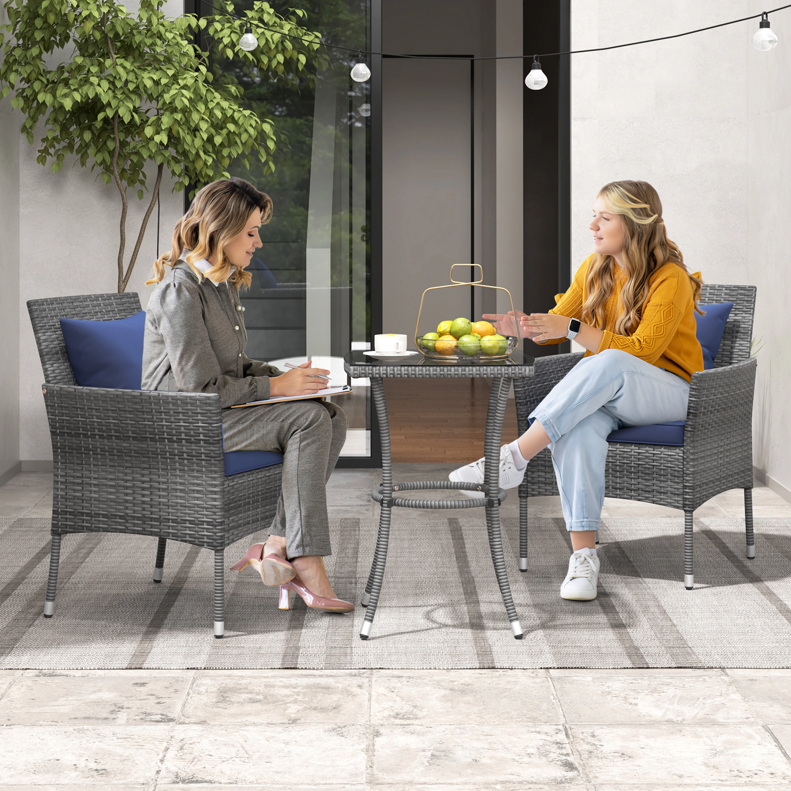 SUGIFT Navy Cushions and Tempered Glass Side Table 3-Piece Patio Rattan Chair Set