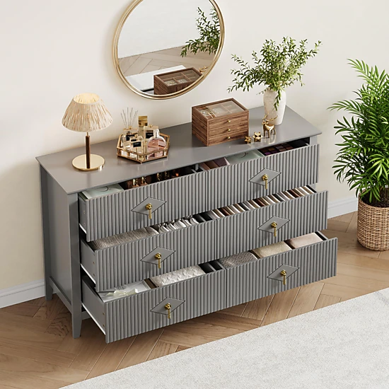 BebreezChic Fluted 6-Drawer Dresser for Bedroom, 54 Inch Wide Modern Wooden Chest of Drawers with Gold Handles
