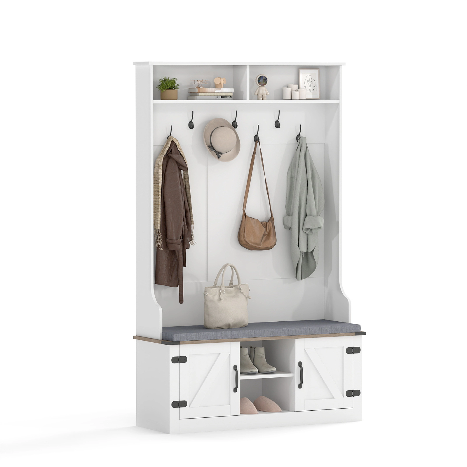Glintex 4-in-1 Hall Tree with Cushioned Bench Shoe Cabinet and 7 Metal Hooks, White