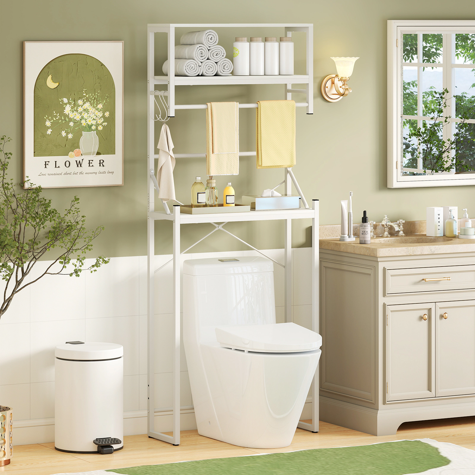 Slickblue Over-the-Toilet Bathroom Organizer Shelf 64in 3-Tier White Metal Rack Adjustable Bar