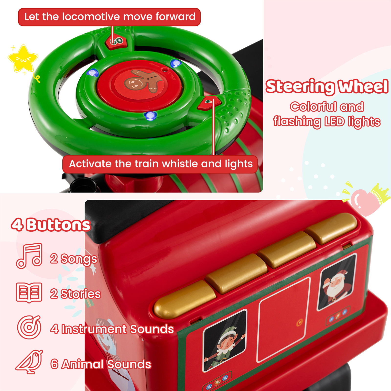 SUGIFT Green Carriage and Flashing LED Lights 6V 2-Seater Toddler Ride On Train