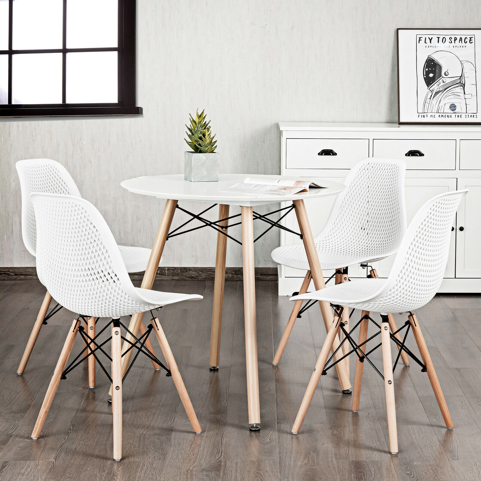 SUGIFT Set of 4 White Modern Plastic Dining Chairs with Mesh Backs and Beech Wood Legs
