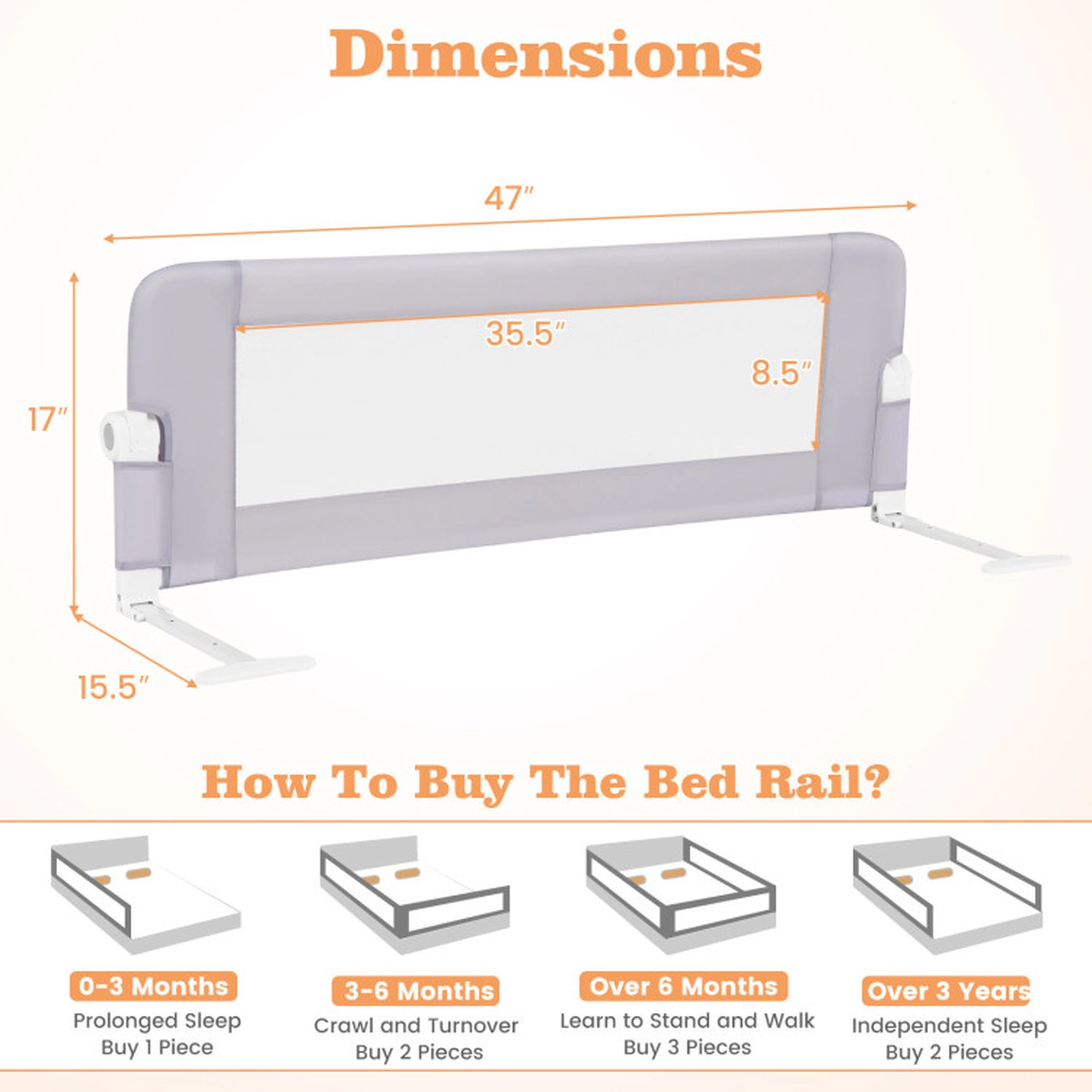 SUGIFT Light Gray Swing Down 47-in Foldable Baby Bed Rail Guard