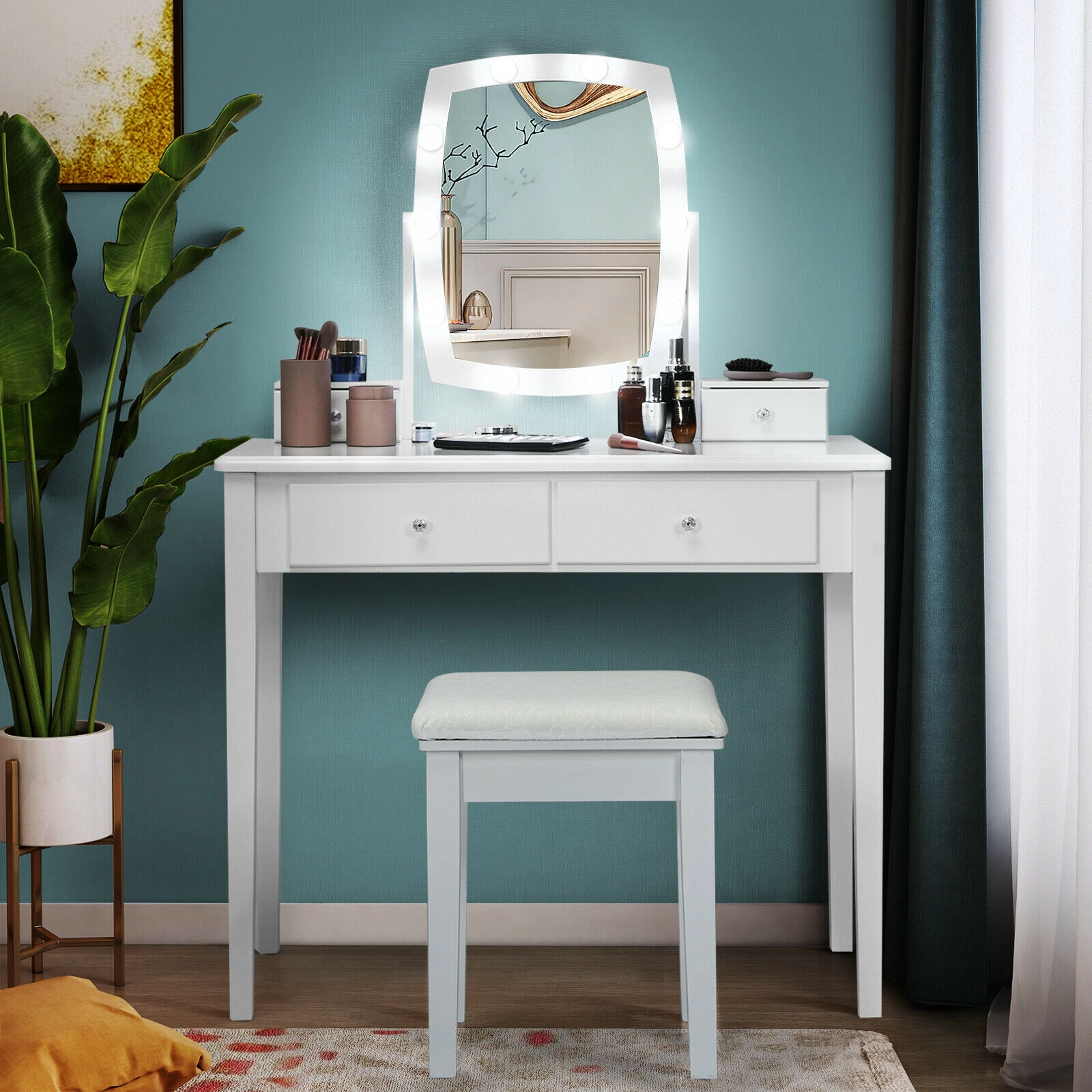 SUGIFT Makeup Vanity Set with 10 Dimmable Bulbs, Rotating Mirror, 4 Drawers and Stool