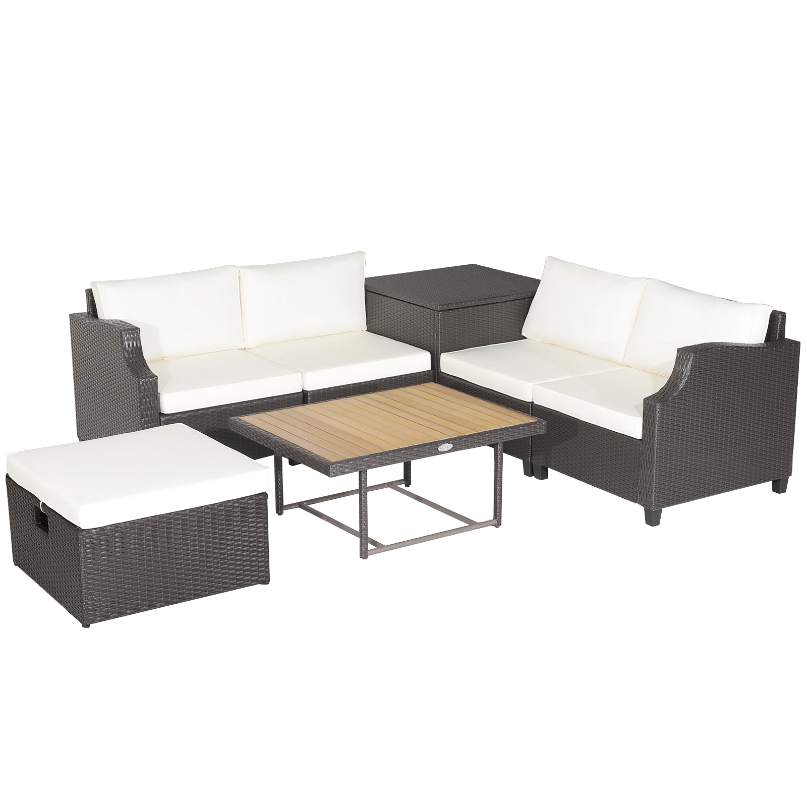 LJG 7 Pieces Hand-Woven Wicker Outdoor Furniture Set with Acacia Wood Coffee Table