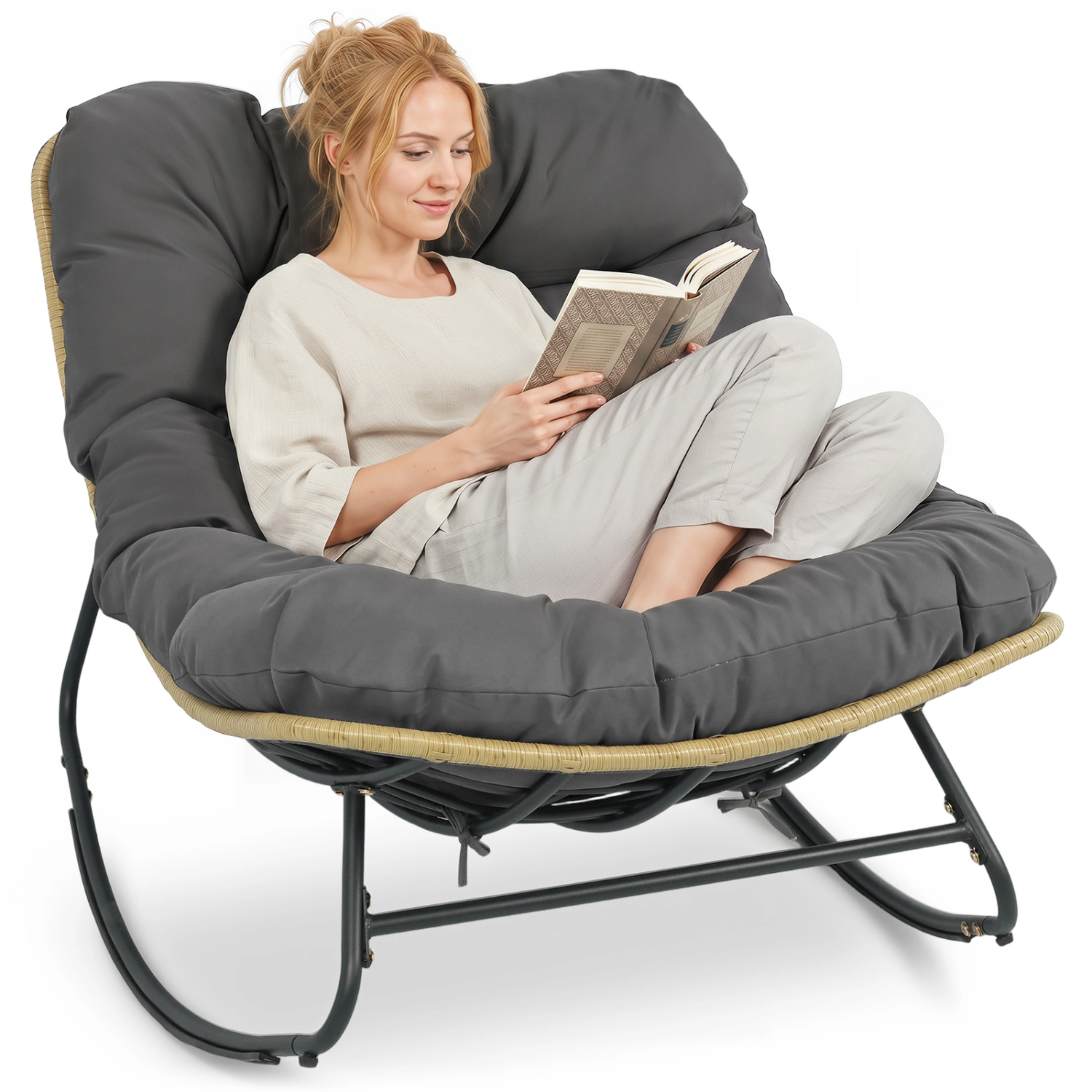 LJG Outdoor Papasan Rocking Chair with Thick Cushioned Seat for Patio
