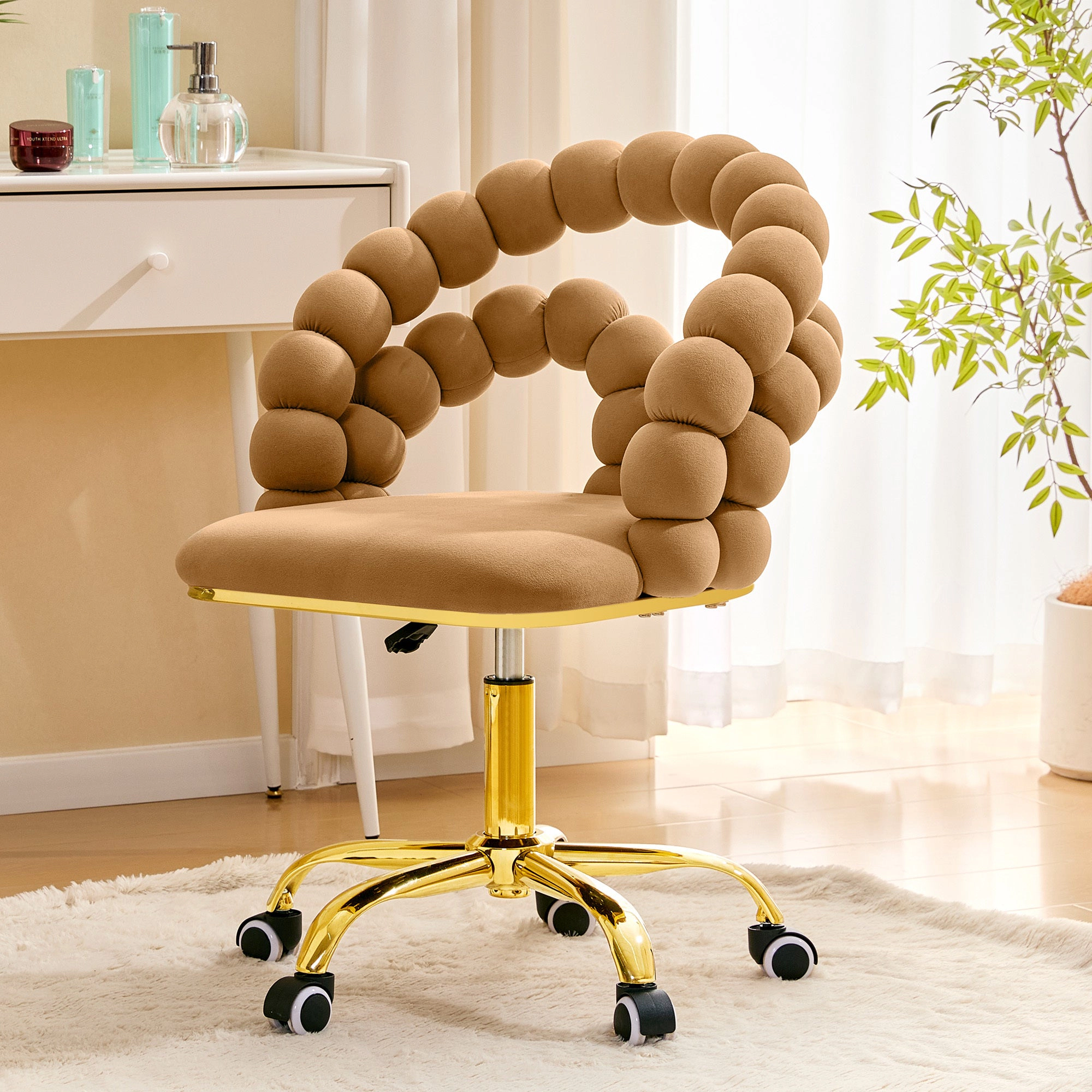 Platinum-Level Office Chairs Brown Velvet Ball Chain Bubble Vanity Chair with Gold Base
