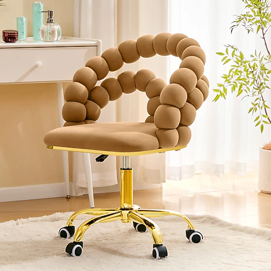 Platinum-Level Office Chairs Brown Velvet Ball Chain Bubble Vanity Chair with Gold Base