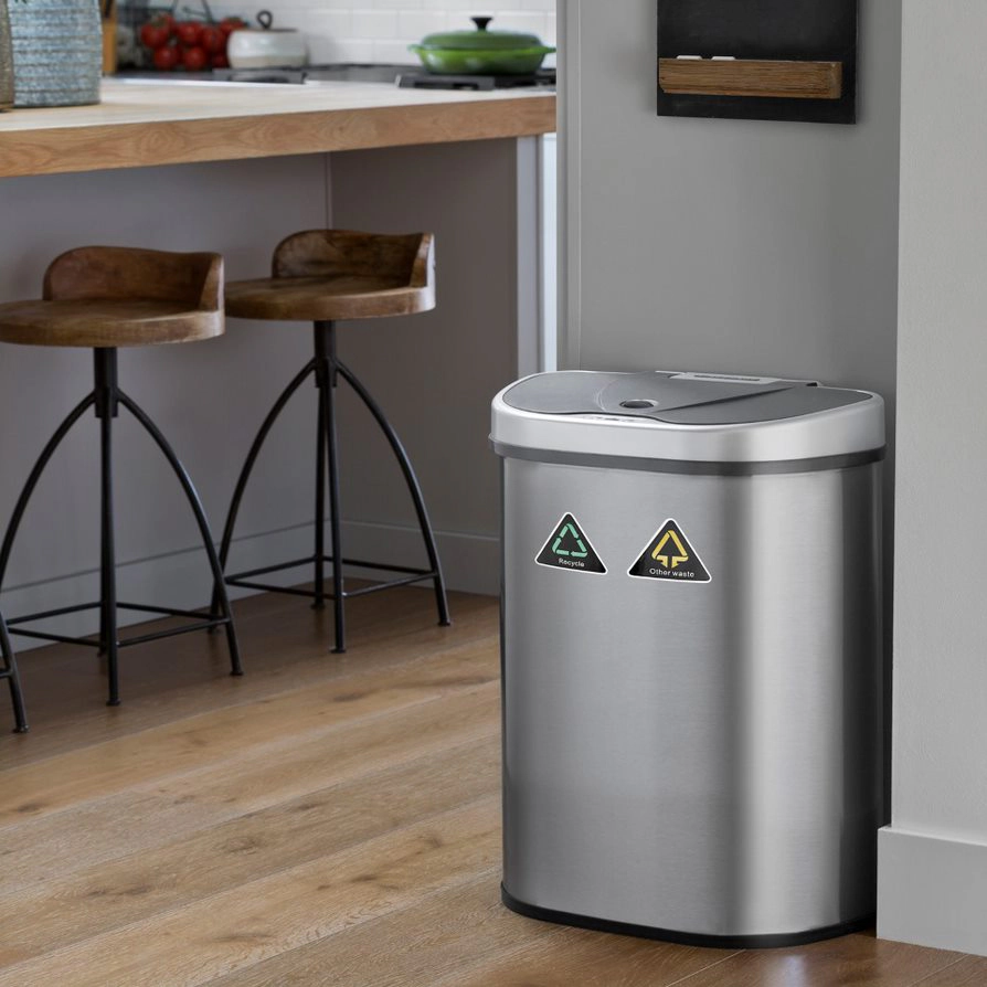 Ninestars Classic Dual-Compartment 18.5-Gallon Stainless Steel Motion Sensor Trash Can