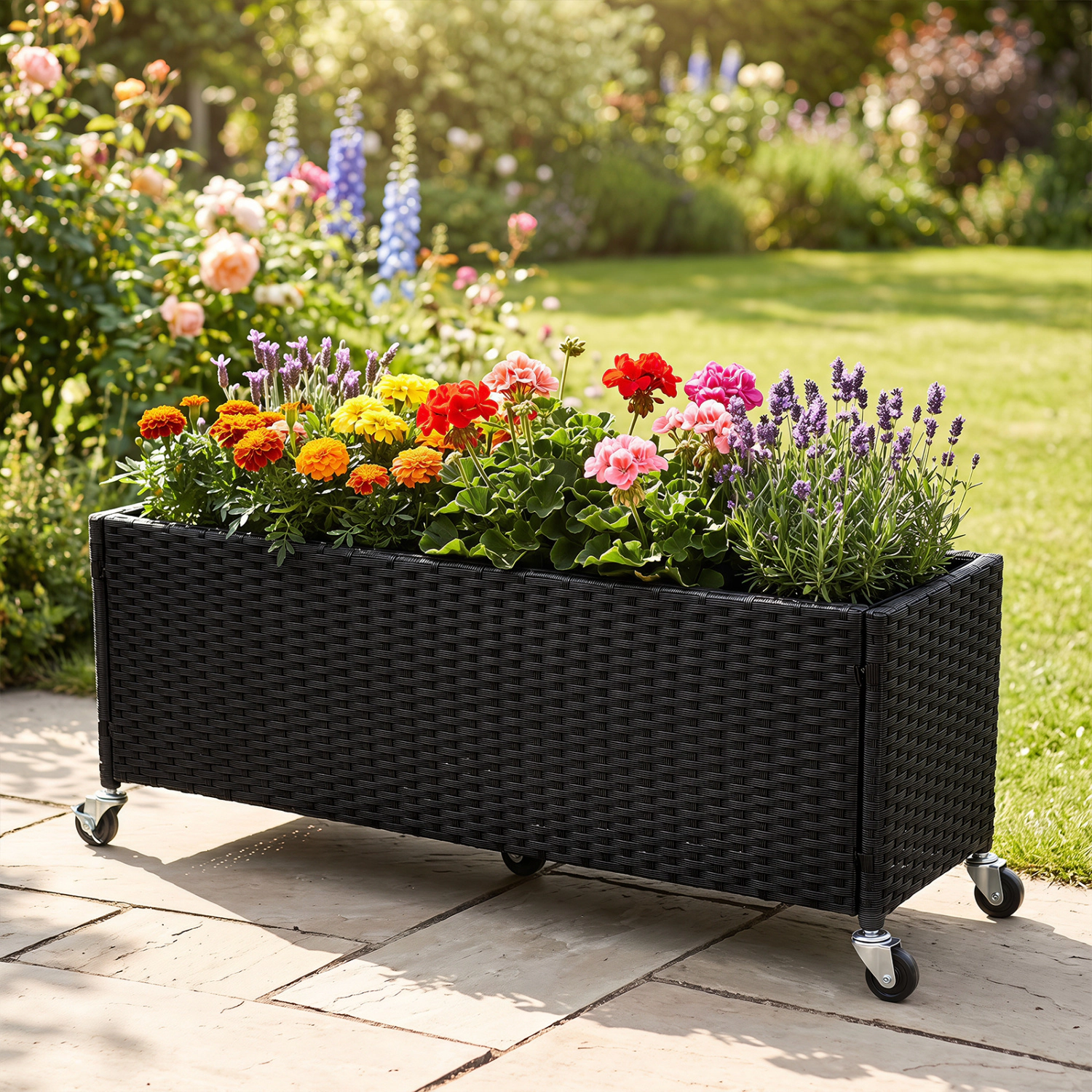 LJG Raised Garden Bed PE Rattan Wicker Patio Planter Box with Liner and Wheels