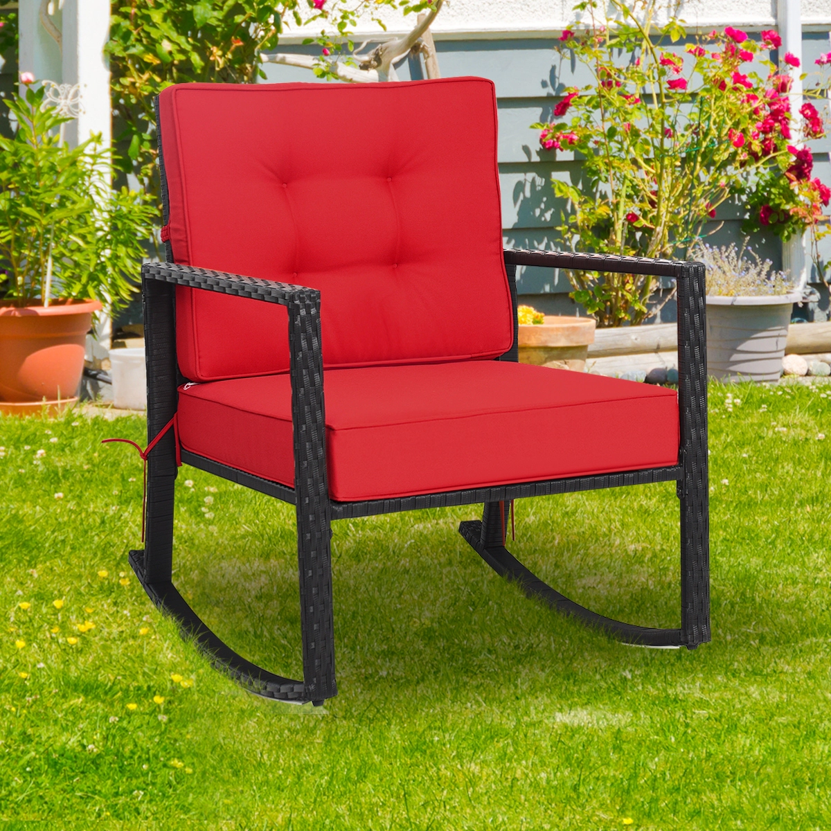 SUGIFT Patio Rattan Outdoor Rocking Glider Chair with Cushions 360-Lb Capacity 20-in Seat Height Single Chair Red