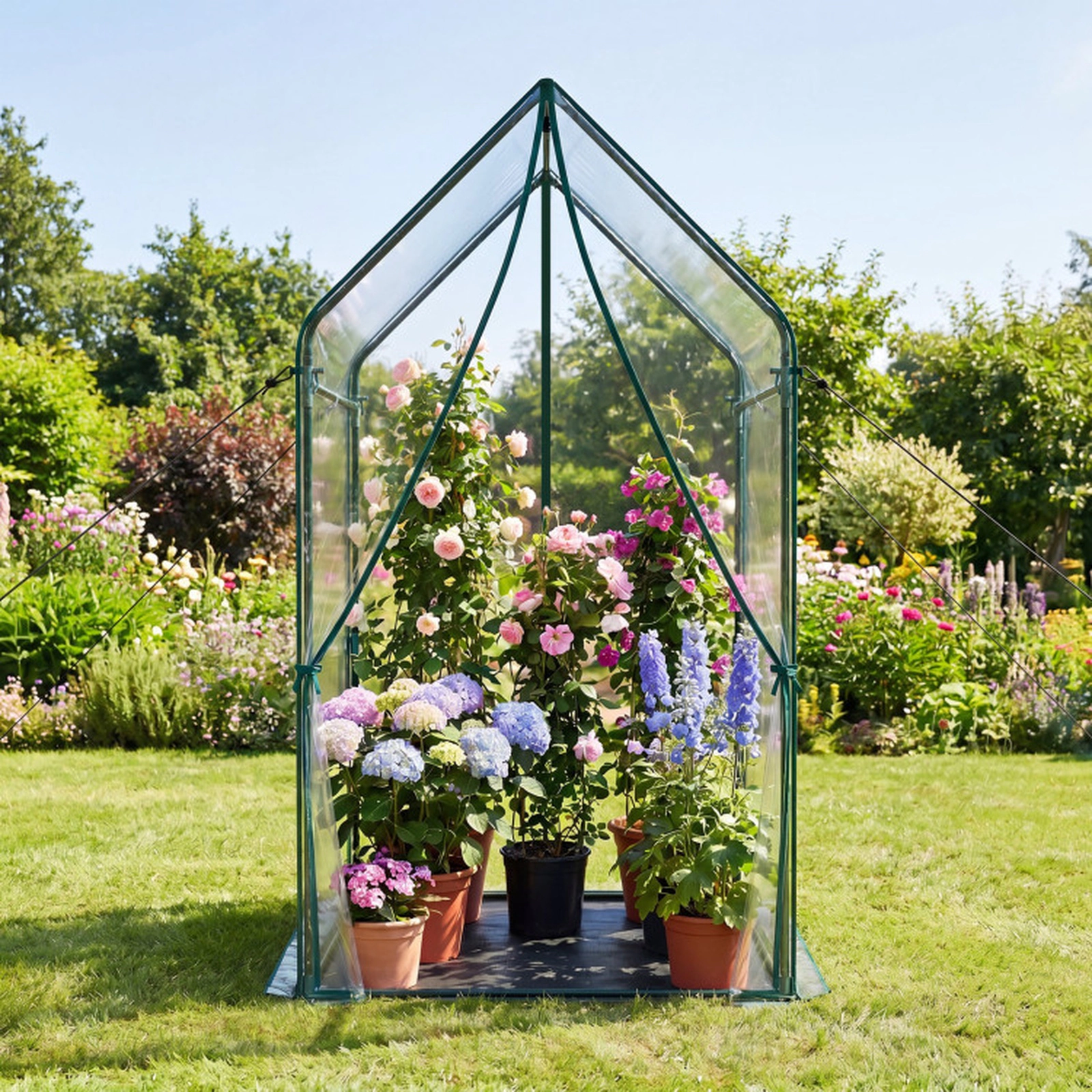 SUGIFT Sun-Protective Mini Green House Metal Frame with Waterproof Bottom Mat and Wind Ropes XL 67-in Tall Clear